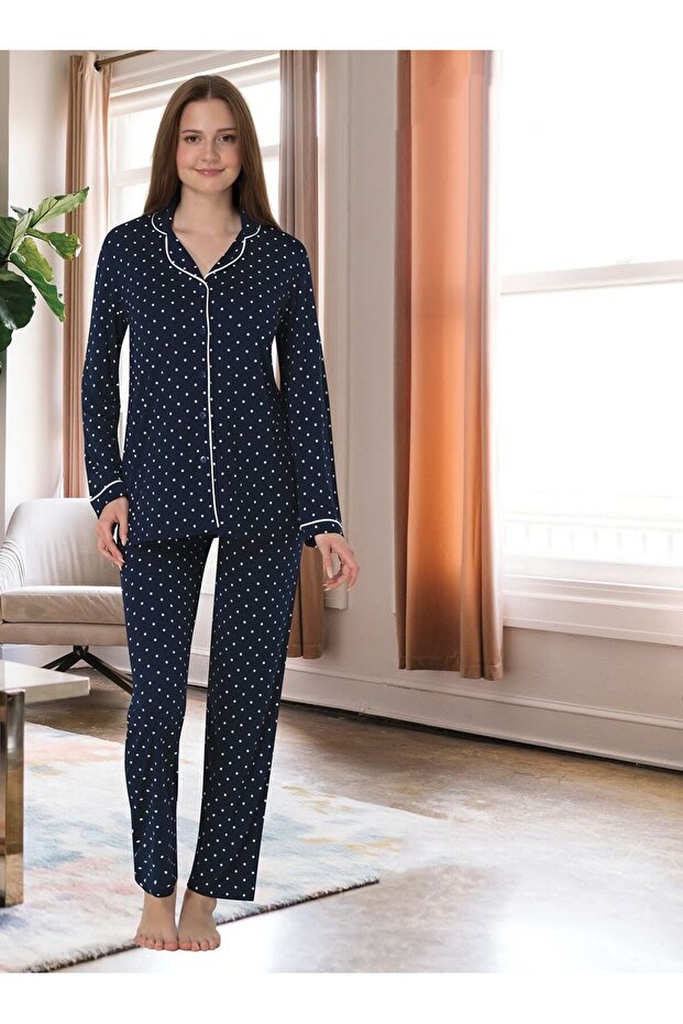 Dvina Maternity Long Sleeve Pajama Set of Polka Dot - Navy Blue