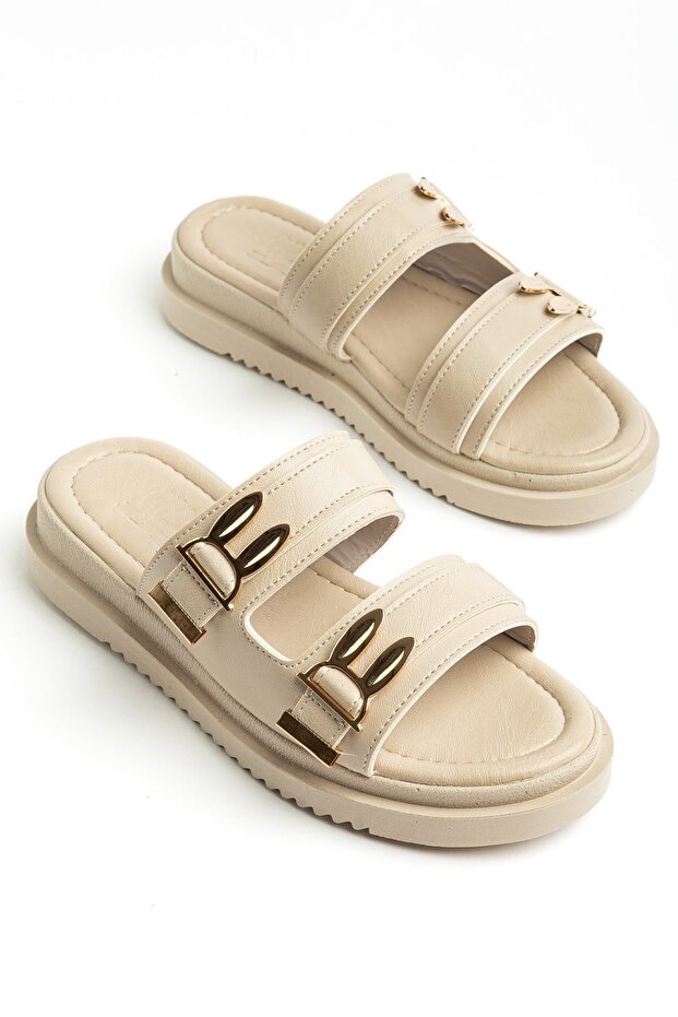 Women's Wedge Heel Slipper Beige Two-Stripe m Metal Buckle I