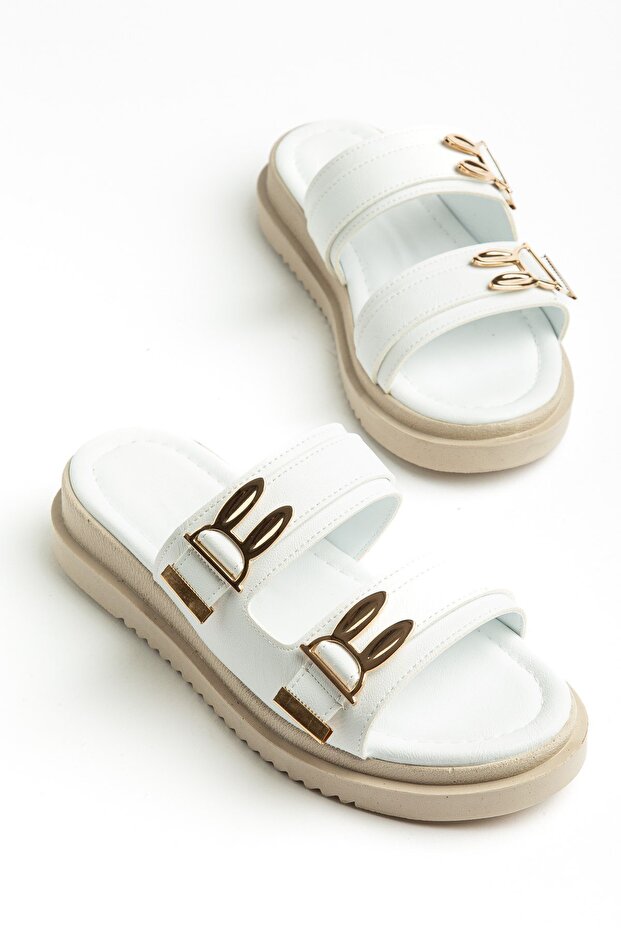 Women's Wedge Heel Slipper White Two-Stripe m Metal Buckle I