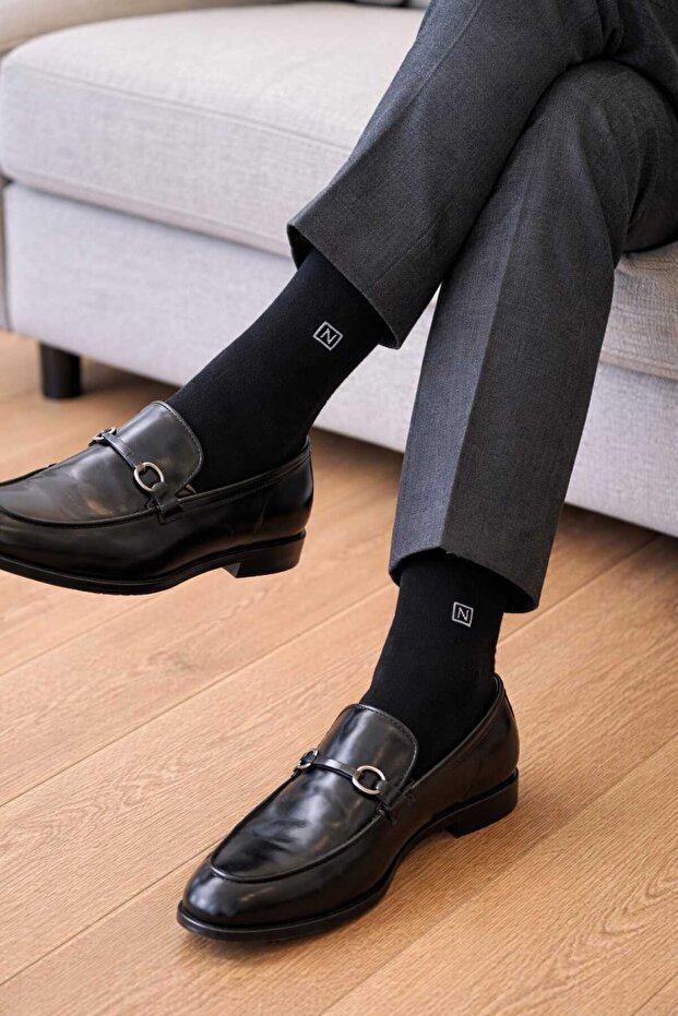 Soket Socks Flat 3 Pairs Black Men's Socks with Towel Sole and N Letter Detail