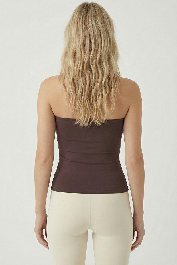 9008 άνοιγμα Στράπλες Μπλούζα Καφέ - 3