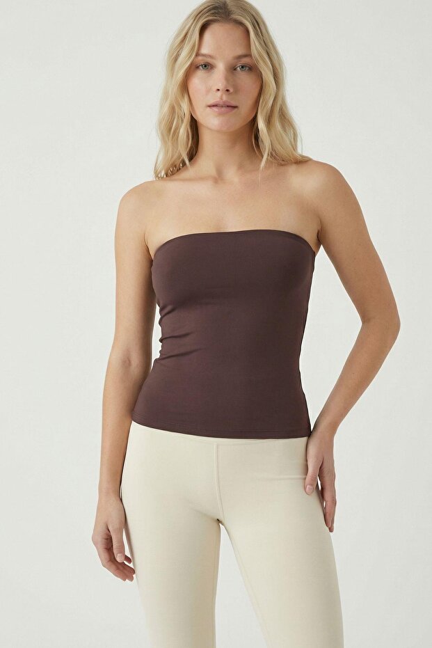 9008 άνοιγμα Στράπλες Μπλούζα Καφέ - 2