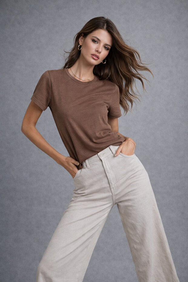 Women's Light Brown Short Sleeve Crew Neck Interlock Fabric T-Shirt