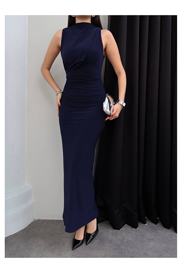 Drapeli Yırtmaçlı Midi Elbise - 3