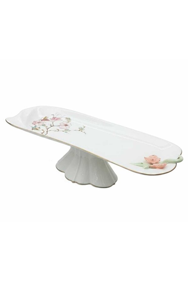 Floral Grace Footed Ceramic Serving Tray – White