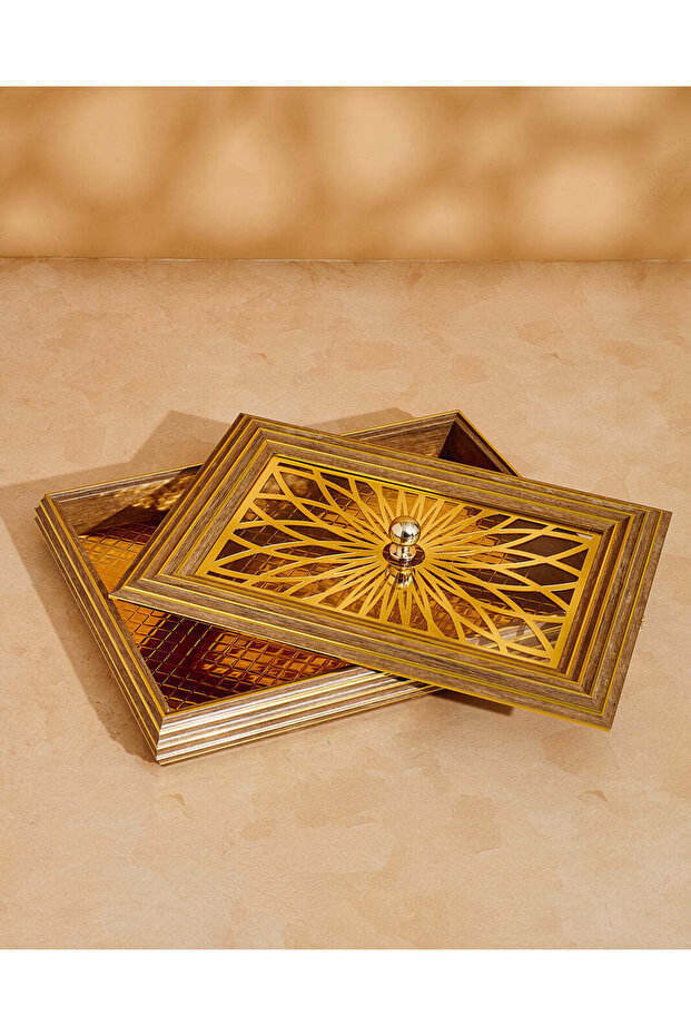 Brown Rectangle Serving Tray With Acrylic Lid - 1