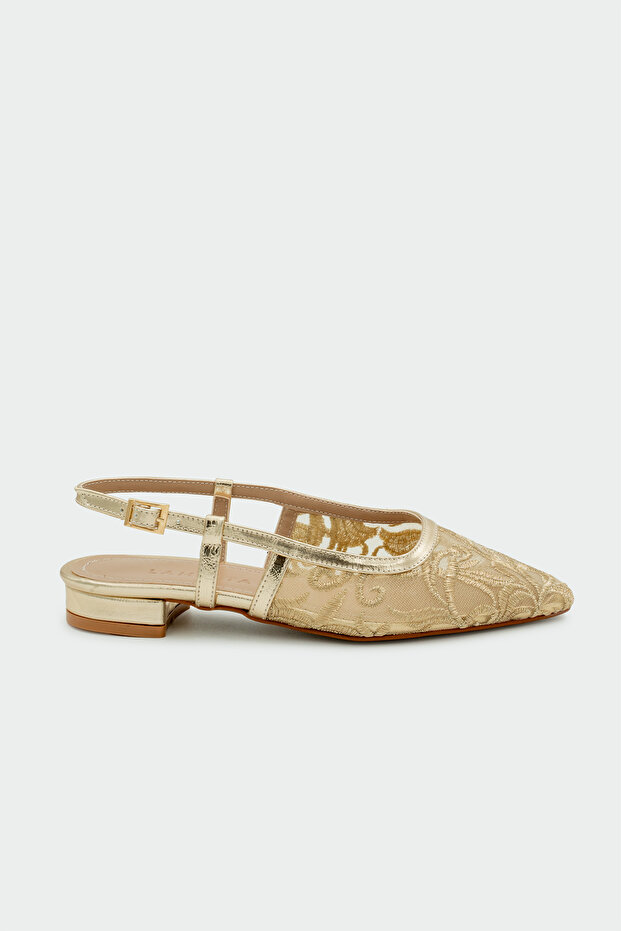 Nopen Embroidery Detailed Women's Gold Ballet Flats