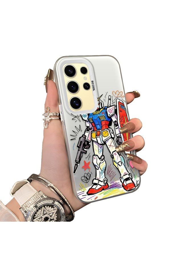 Samsung Galaxy S24 Ultra Compatible Hard Acrylic Back Silicone Edge Lens Protection Mechanical Robot Pattern Case