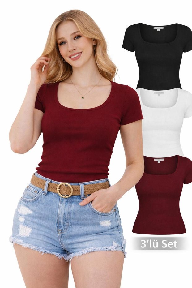3-Piece Set Women's U-Neck Basic Blouse, Stretchy Corded Fabric Casual T-Shirt, Trend Casual Short Sleeve Blouse, T-Shirt