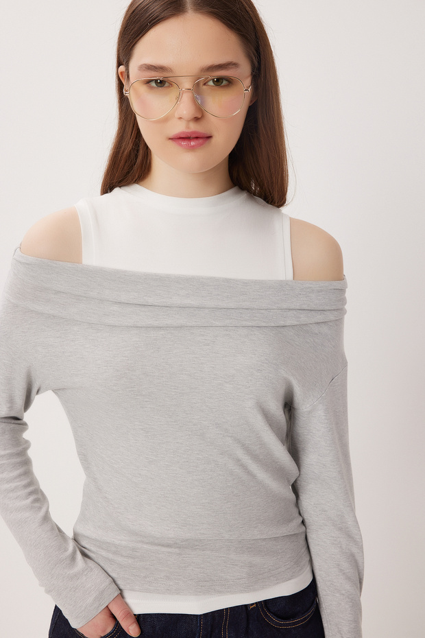 Open-Shoulder Athlete Knitted Blouse Lax0009 Gray Melange