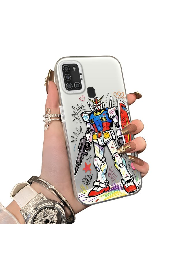 Samsung Galaxy A21S Compatible Hard Acrylic Back Silicone Edge Lens Protection Mechanical Robot Pattern Case