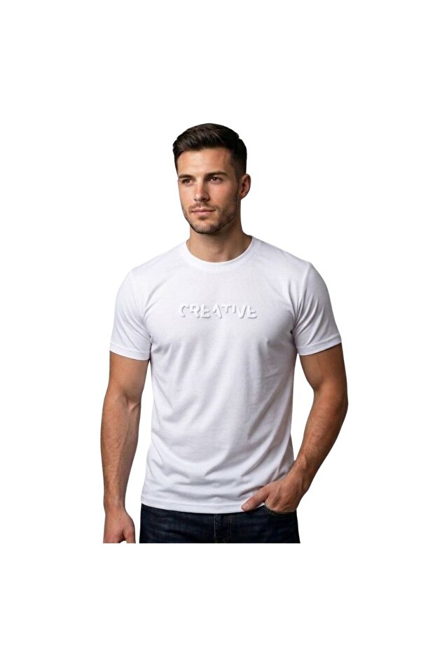 0 Yaka Gofre Printed Men's T-Shirt Modal White