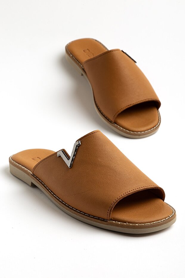 Genuine Leather Women's Flat Heels Slipper Tan V Buckled Face Model