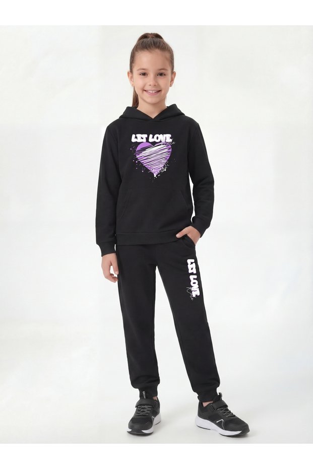 Kangaroo Pocket Hooded Love Print Detailed Girls' Tracksuit Set