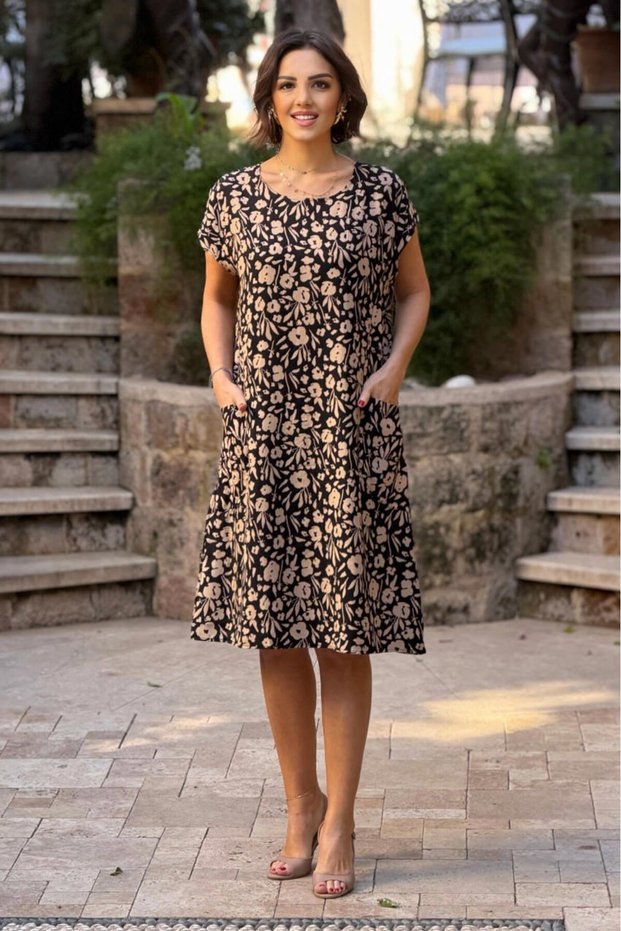 V10 - Black and Brown Floral Bag Pocket Dress