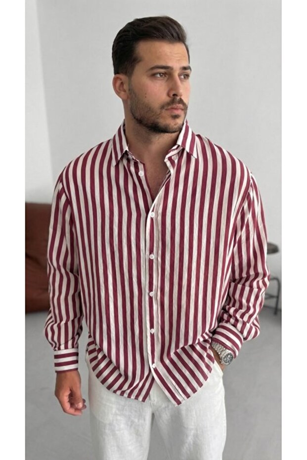 Men's Vertical Striped Half Oversized Shirt