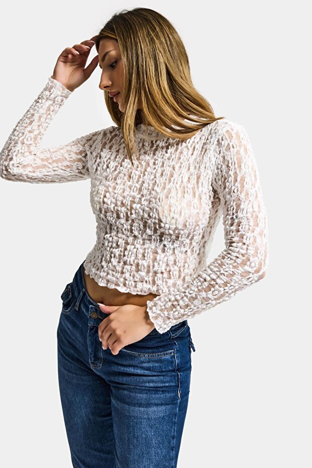 Kadın Ekru Transparan Crop Bluz - 4