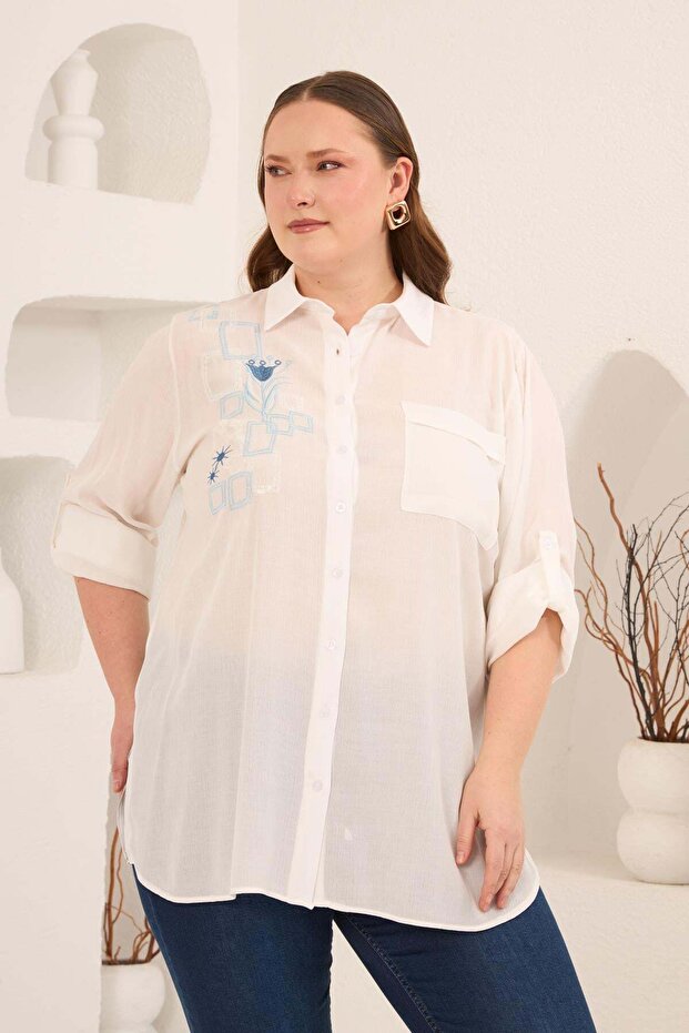 Embroidery Detailed Side Detail Slit Plus Size Shirt Ecru