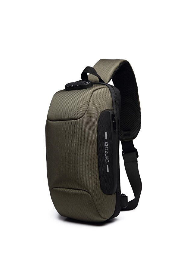 Anti-Theft Sling Crossbody Backpack for Men With USB Port, Reflective Details, Army Green, 9223