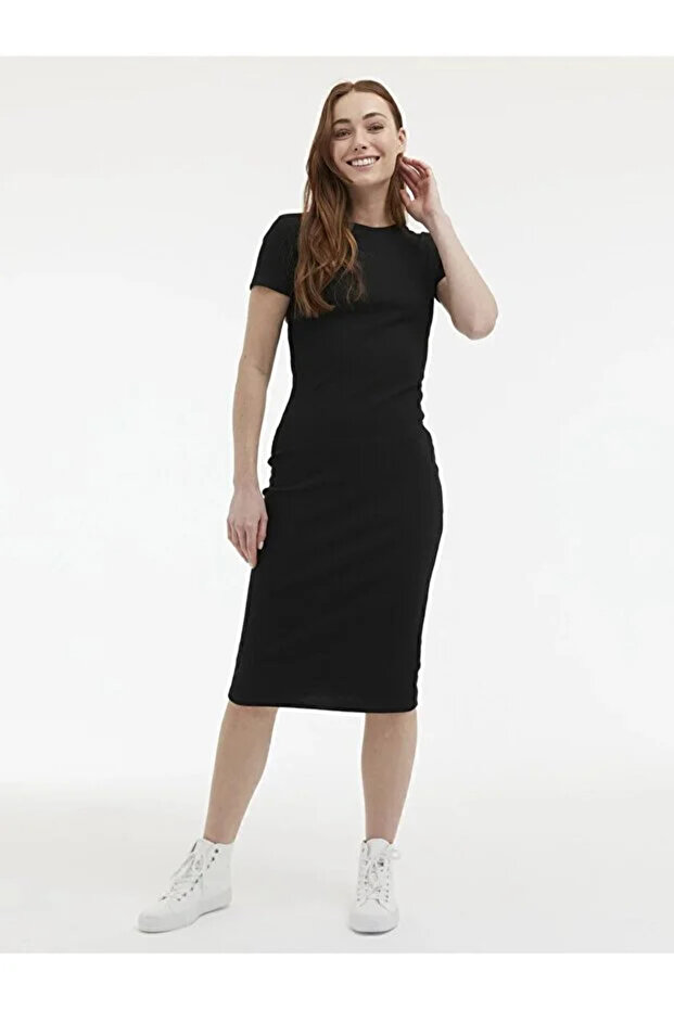 Women's Black Dress Crew Neck Plain Short Sleeve