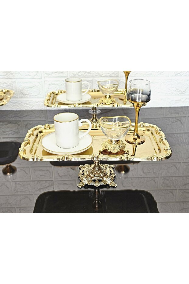 1 Piece Baton Gold Presentation Tray with Gold Rose Frame & Coffee & Cake/Pastry Serving Tray 32cm