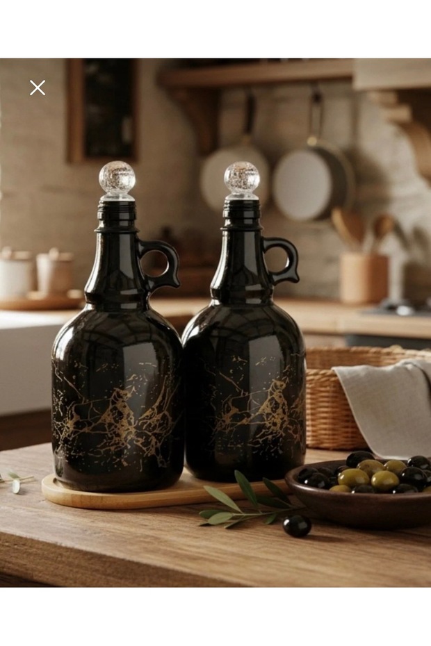 Double Black Marble Patterned 1000 ml Glass Oil Pot Set with Crystal Stopper and Bamboo Bases