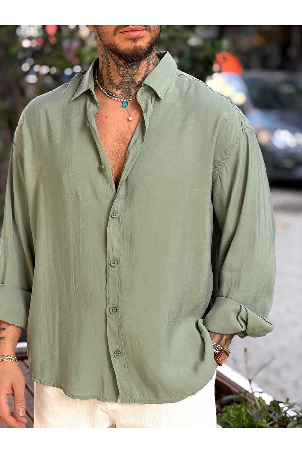 Oversize Basic Modal Gömlek Yeşil - 3