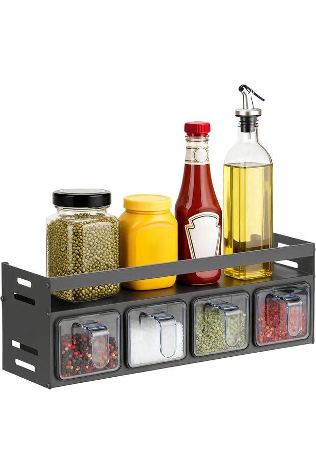 Kitchen Spice Rack, Double Layer Space Aluminum Condiment Organizer with Spoons, Gray