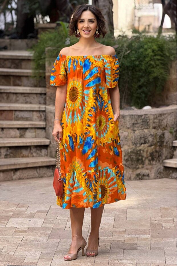 V136-Yellow Ethnic Patterned Madonna Collar Dress