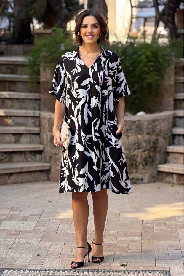 V1-Black Gardenia Patterned Shirt Collar Dress