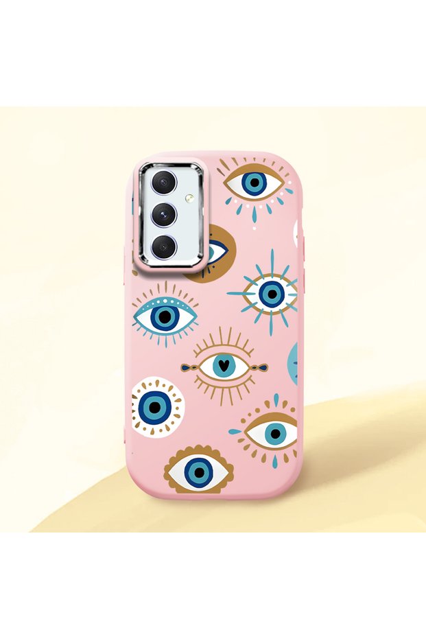 Samsung Galaxy A54 Compatible Shock-Absorbing Camera Protected Pink Silicone Case Evil Eye Charm