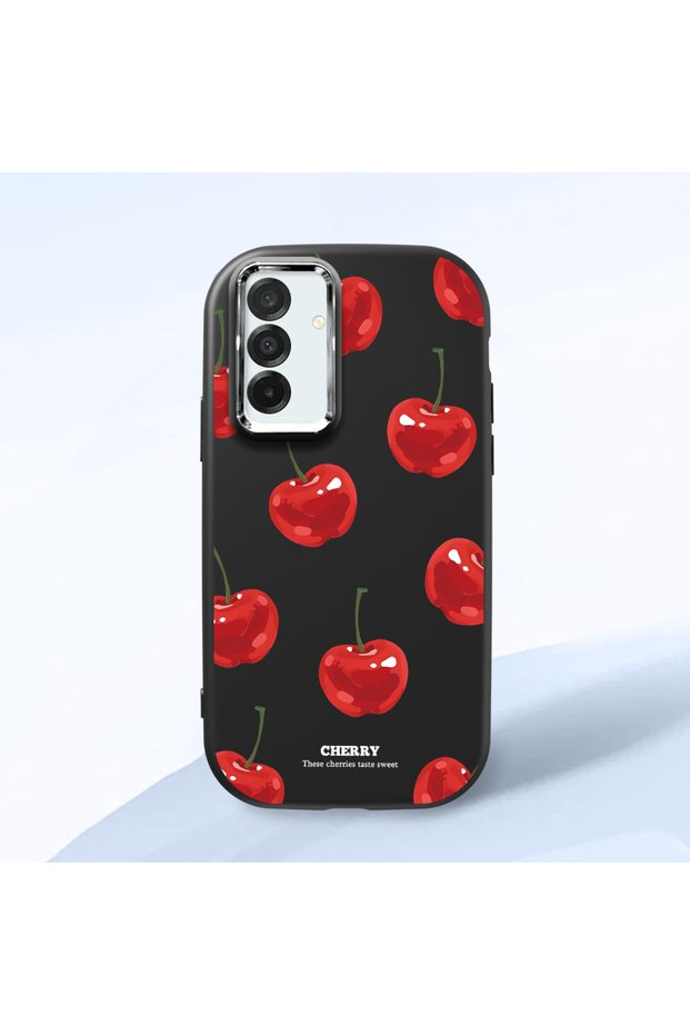 Samsung Galaxy A26 Compatible Shock-Absorbing Camera Protected Black Silicone Case Cherry Patterned