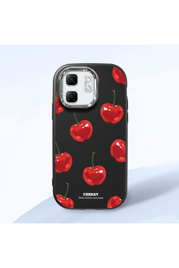 Infinix Smart 9 Compatible Shock-Absorbing Camera Protected Black Silicone Case Cherry Patterned