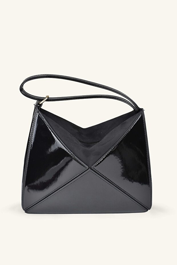 Triangle Shaped Patent Leather Handbag Shoulder Bag - Black