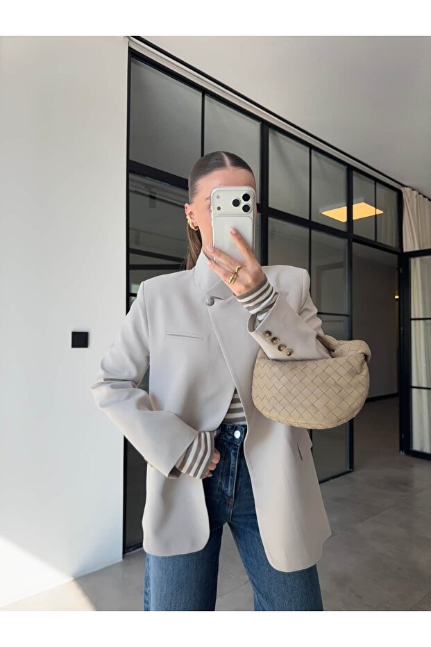 Bianca Shoulder Pad Li Double-Breasted Jacket Stone