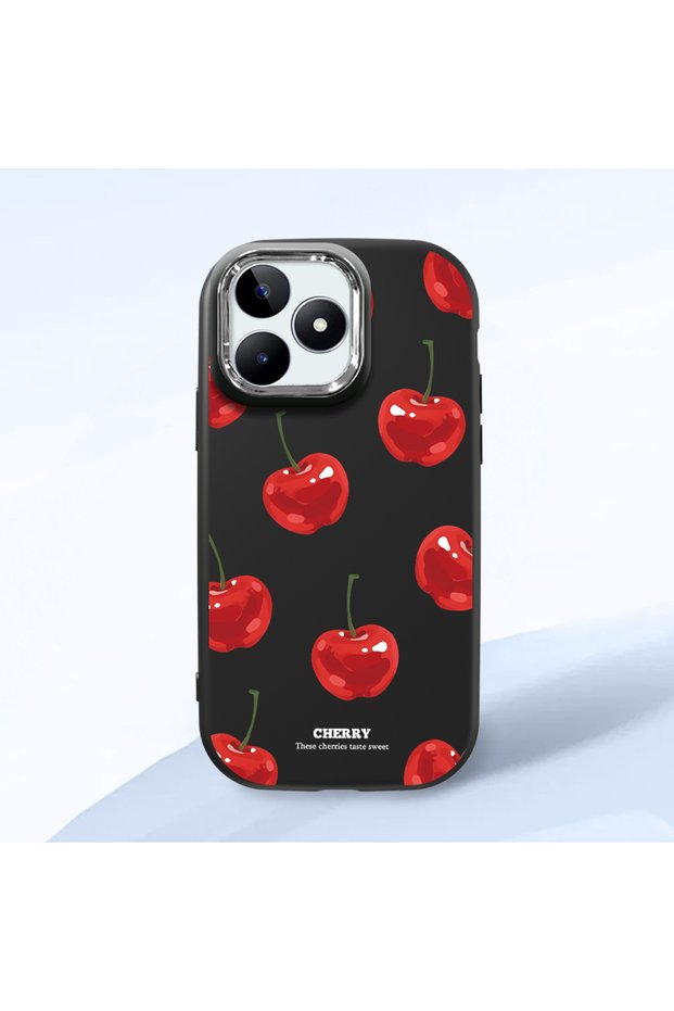 Realme Note 50 Compatible Shock-Absorbing Camera Protected Black Silicone Case Cherry Patterned