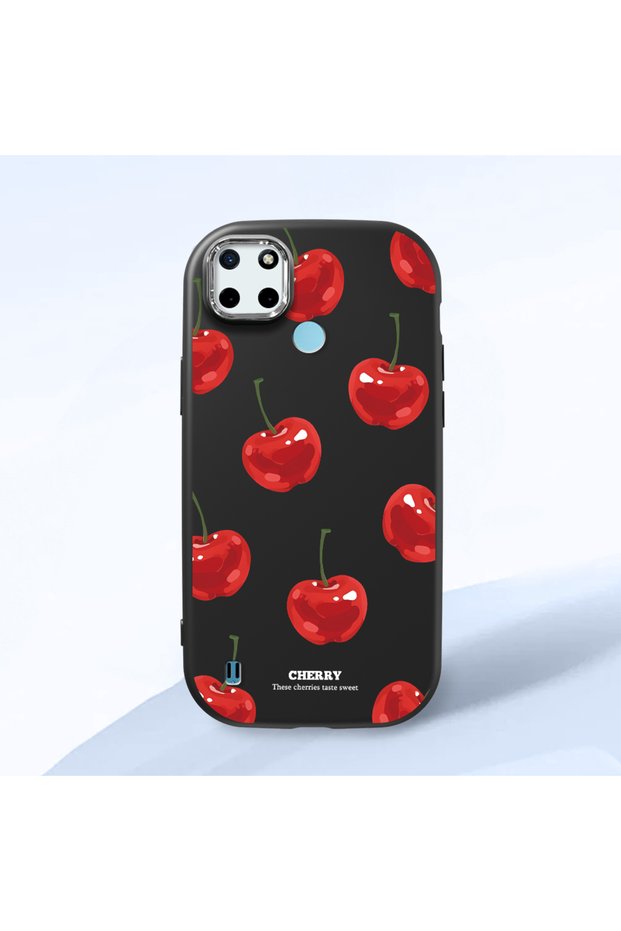 Realme C21Y/C25Y Compatible Shock-Absorbing Camera Protected Black Silicone Case Cherry Patterned