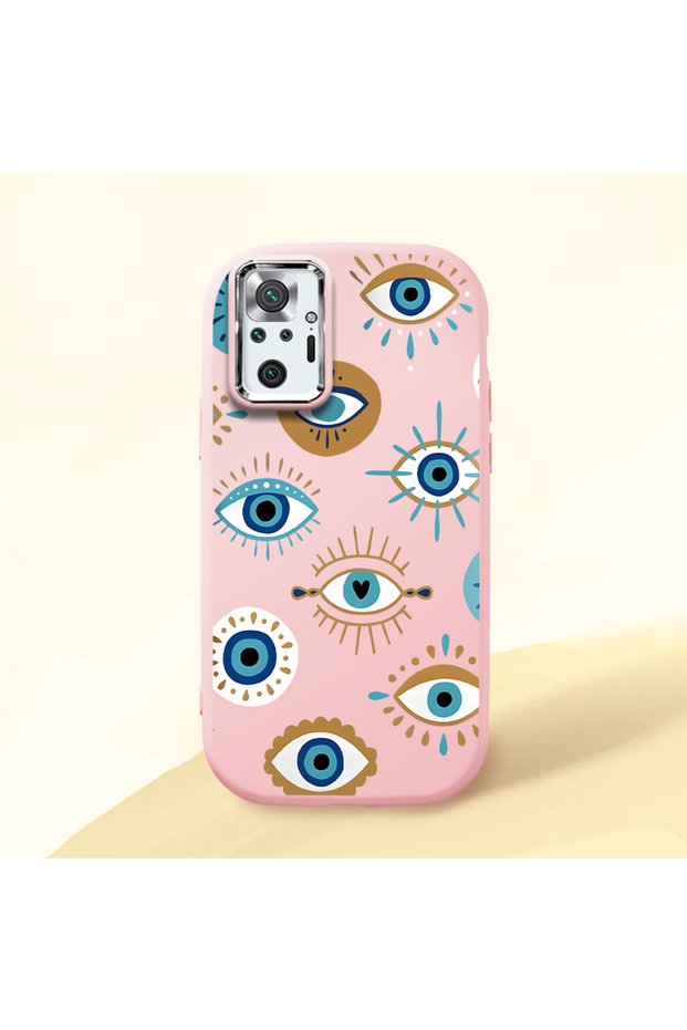 Redmi Note 10 Pro Compatible Shock-Absorbing Camera Protected Pink Silicone Case Evil Eye Charm