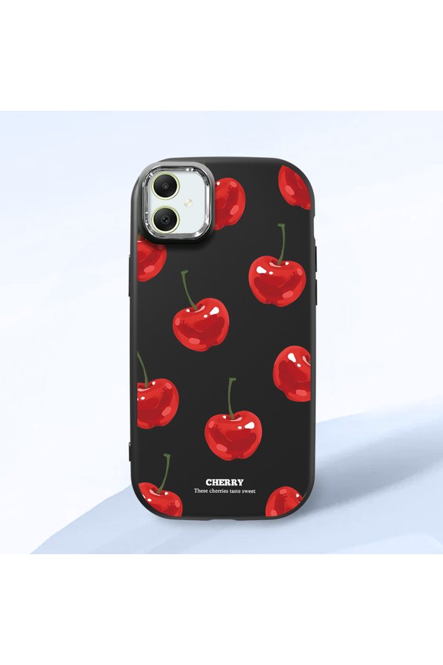 Samsung Galaxy A05 Compatible Shock-Absorbing Camera Protected Black Silicone Case Cherry Patterned