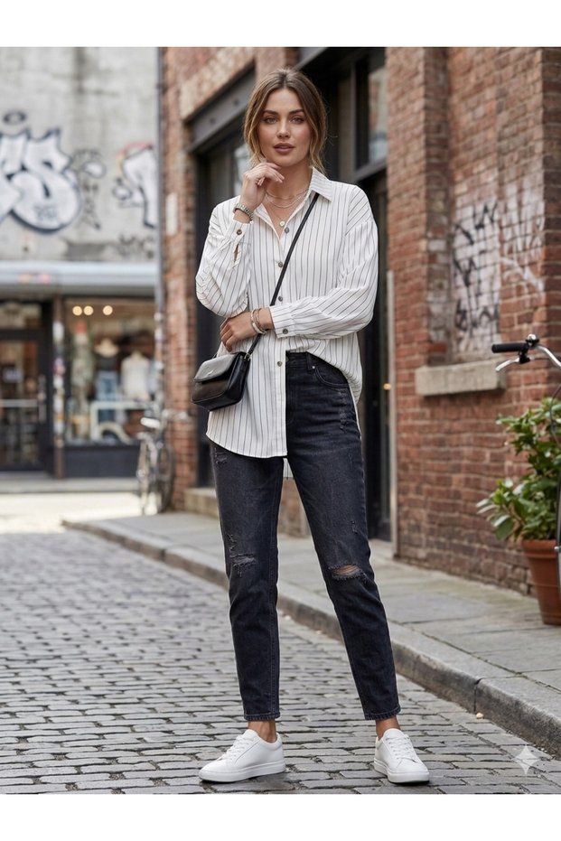 Black - White Striped Shirt: "Vertical Striped Oversized Black-White Shirt - Street Style