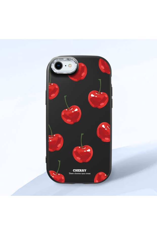 iPhone 7/8/Se 2020 2022 Compatible Black Silicone Case with Shock-Absorbing Camera Protections Cherry Patterned