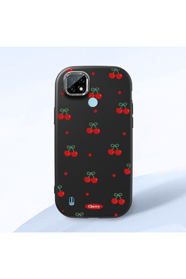 حافظة سيليكون سوداء متوافقة مع كاميرا Realme C21 ماصّ للصدمات مزودة بحماية للكاميرا Vişne منقوش