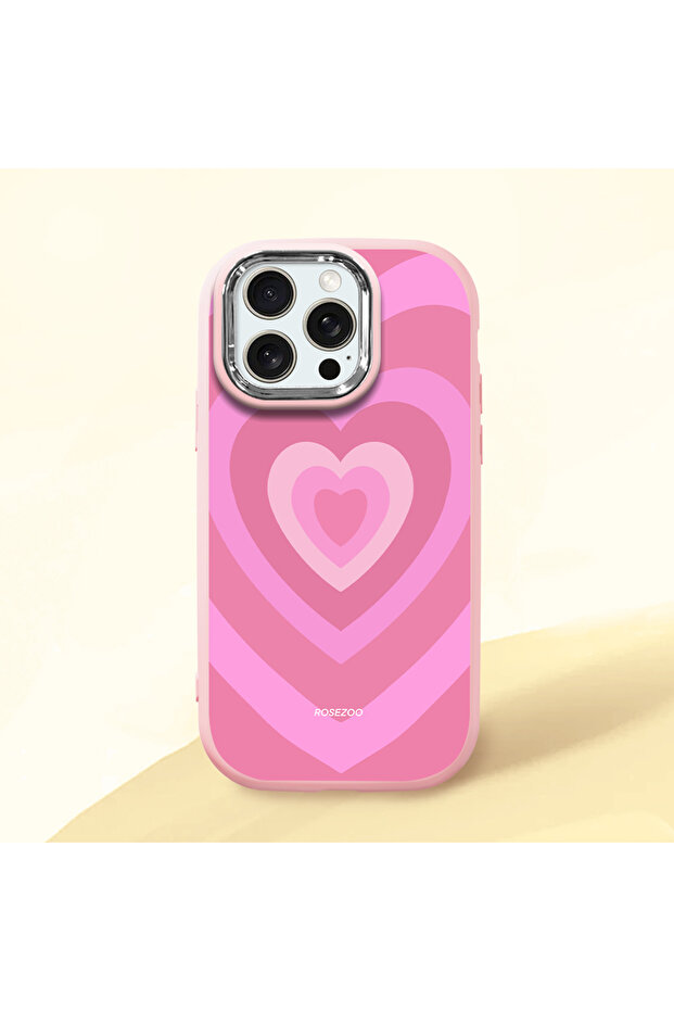 iPhone 15 Pro Max Compatible Shock-Absorbing Camera Protected Pink Silicone Case Heart Pattern
