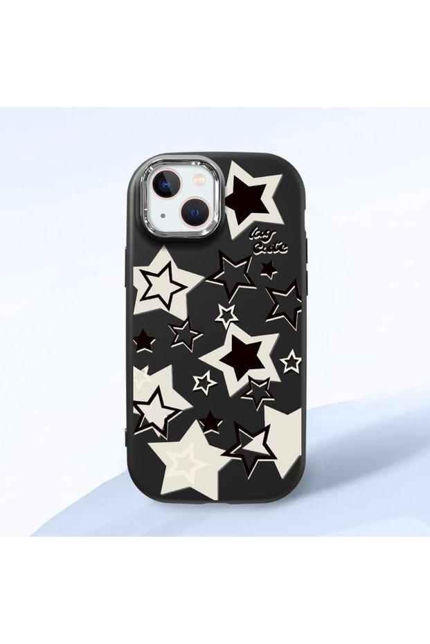 Black Silicone Case with Shock-Absorbing Camera Protections Compatible with iPhone 14 Plus/15 Plus Star Pattern