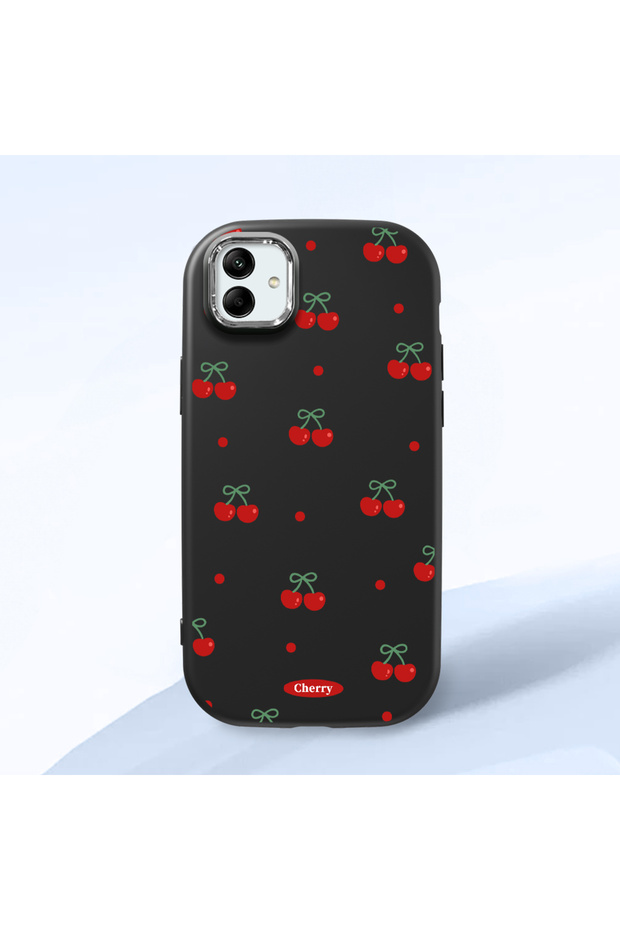 Samsung Galaxy M13 5G/A04 Compatible Shock-Absorbing Camera Protected Black Silicone Case Cherry Patterned