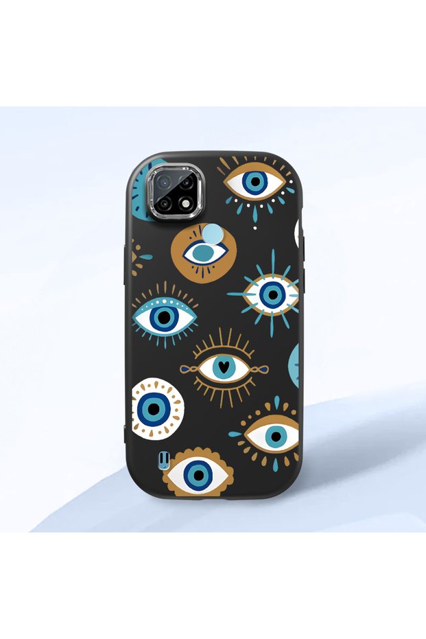 Realme C21 Compatible Shock-Absorbing Camera Protected Black Silicone Case with Evil Eye Bead