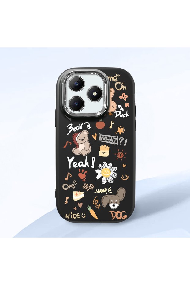 Realme Note 60/60X Compatible Shock-Absorbing Camera Protected Black Silicone Case Stylish Print