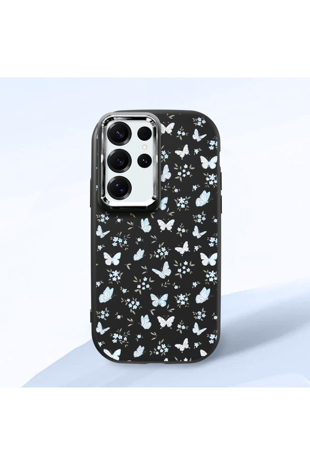 Samsung Galaxy S25 Ultra Compatible Shock-Absorbing Camera Protected Black Silicone Case Butterfly Patterned