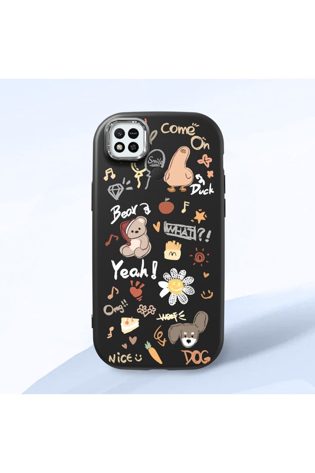 Redmi 9C/10A Compatible Shock-Absorbing Camera Protected Black Silicone Case Stylish Print