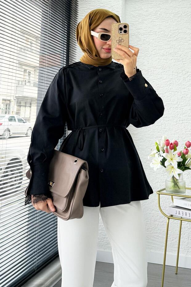 Shoulder Draped Sleeve Tip Lace Poplin Tunic - Black